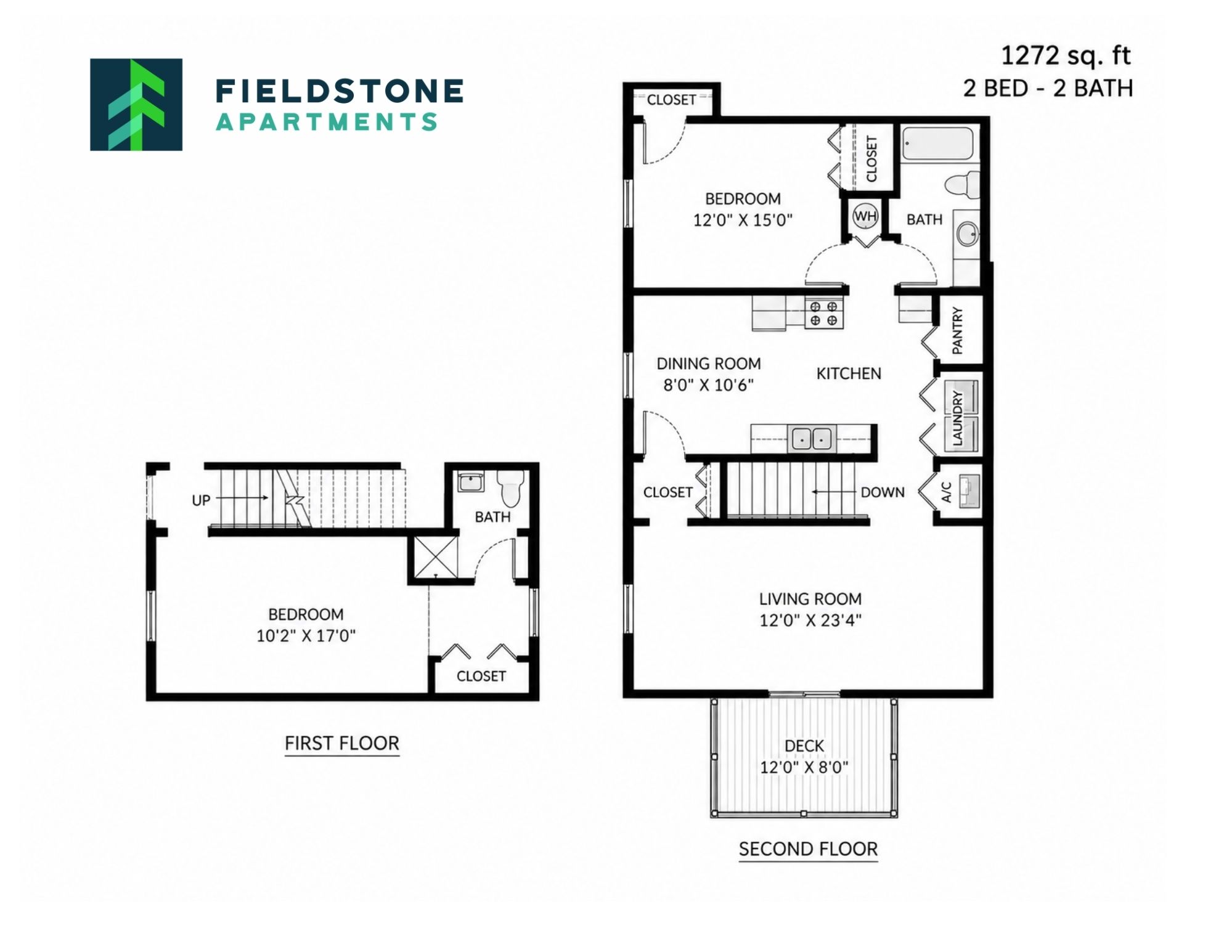 Floor plan for 2 beds, 2 baths, 1272 sqft